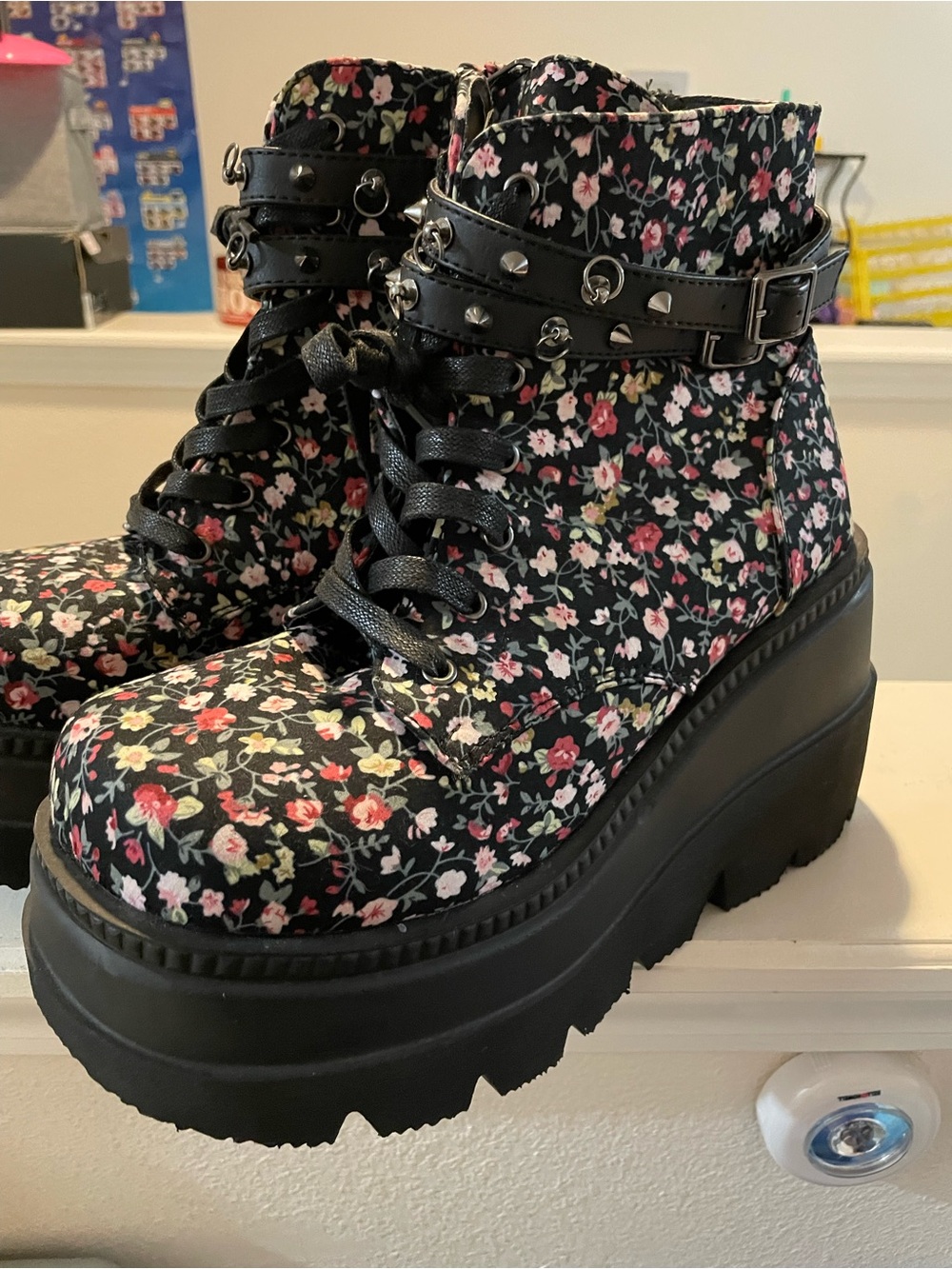 Demonia Black Floral Platform Combat Boots